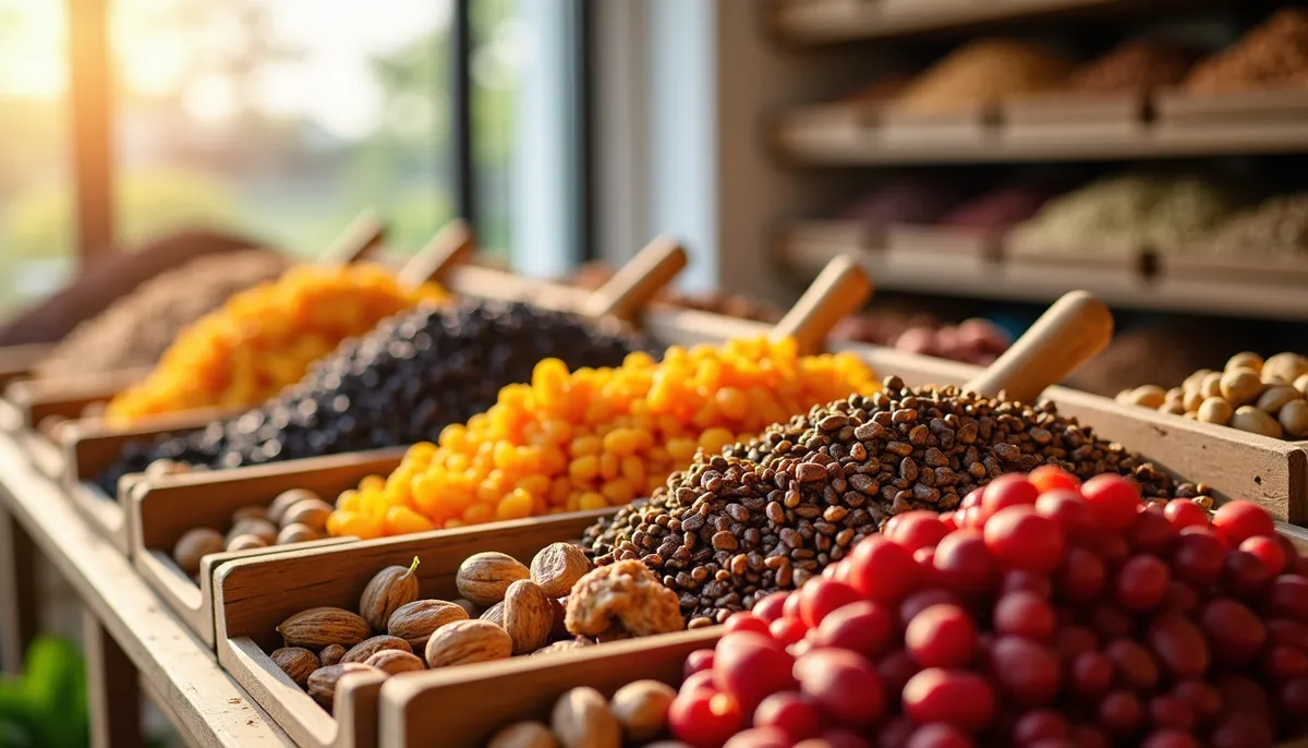 Fruits secs en vrac conservés dans des bocaux en verre hermétiques dans un placard frais et sec