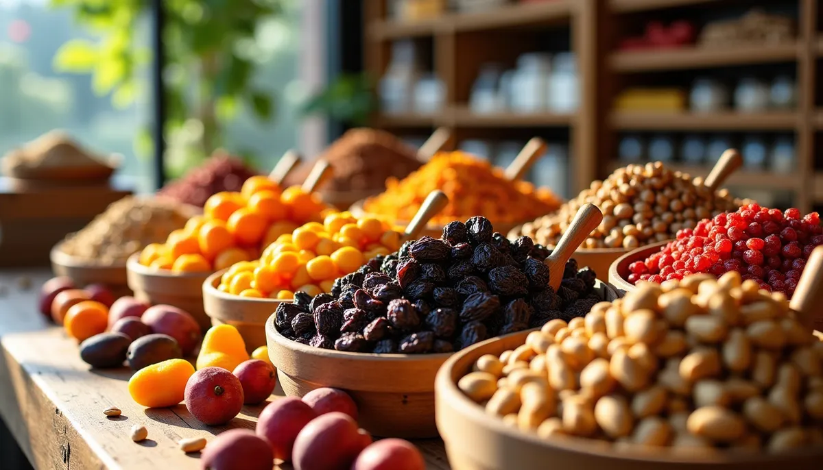 Fruits secs en vrac intégrés à une alimentation quotidienne : amandes, dattes et noix prêts à consommer